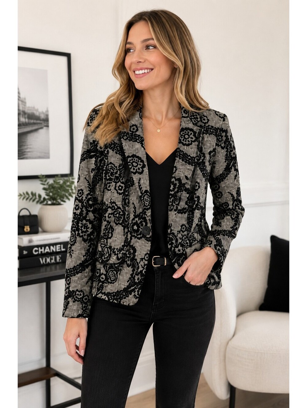Vintage Randy Kemper Blazer Size 2 Black Gray Floral Jacquard Brocade Jacket